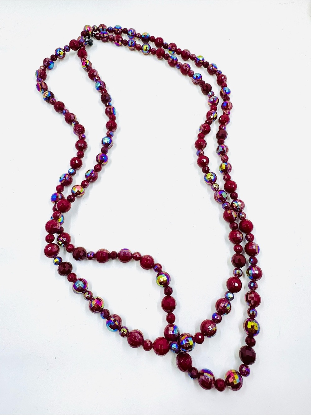 Retired Premier Designs 60” Cranberry Red AB Faceted Beaded Necklace